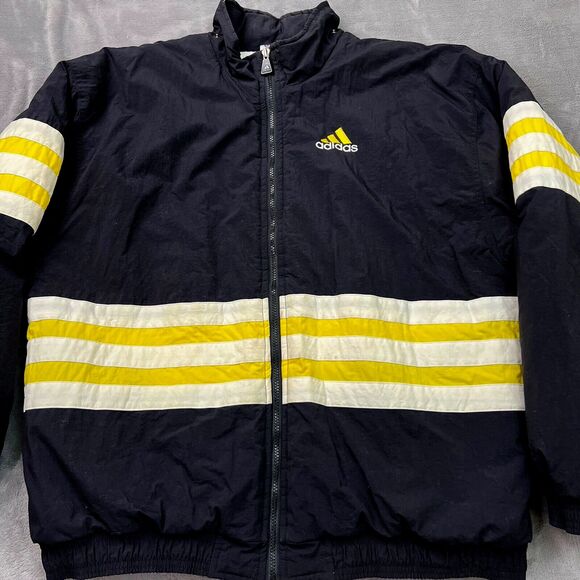 Vintage Adidas Puffer Jacket Coat Y2K Mens XL Black Logo Full Zip Quilted 90s - Picture 1 of 11